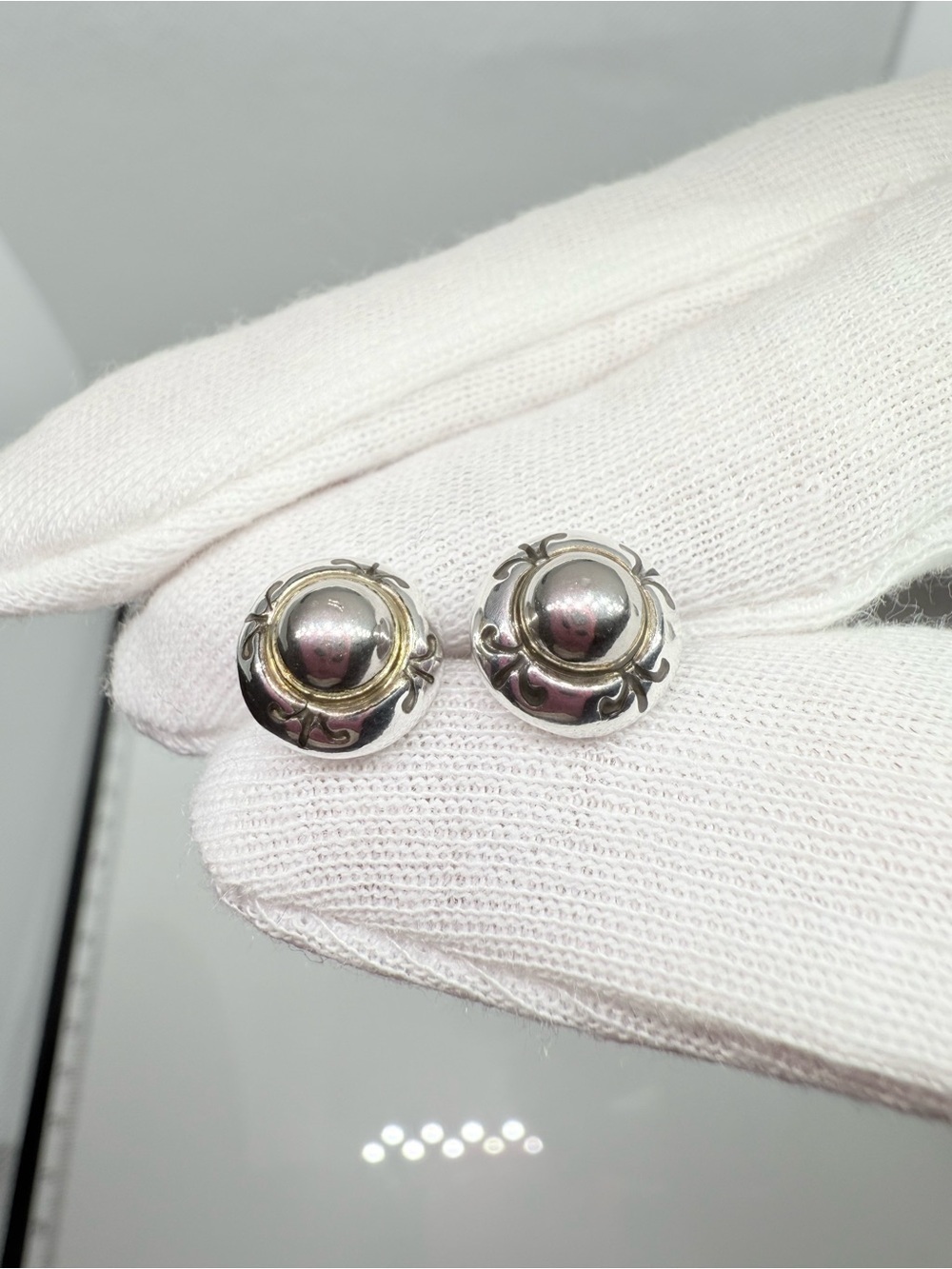 Sterling Silver Two-Tone Dome Stud Earrings - Silver & Gold Accent - Picture 14 of 14